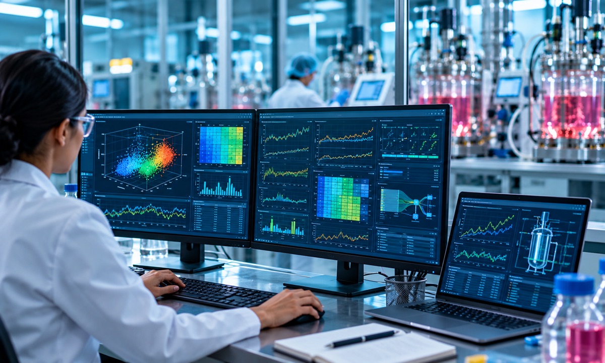 Bioprocess data dashboards on computer and laptop screens
