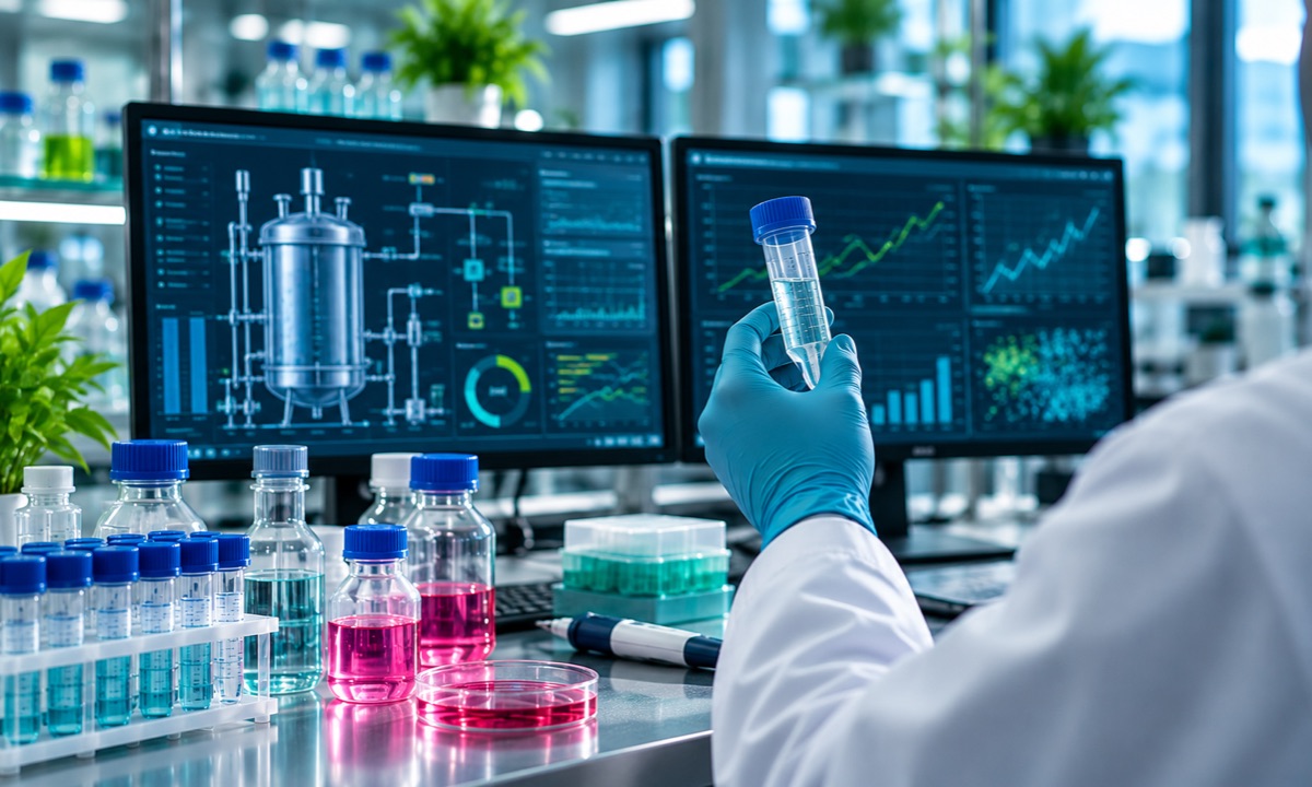 Sample tube held in front of bioprocess data screens