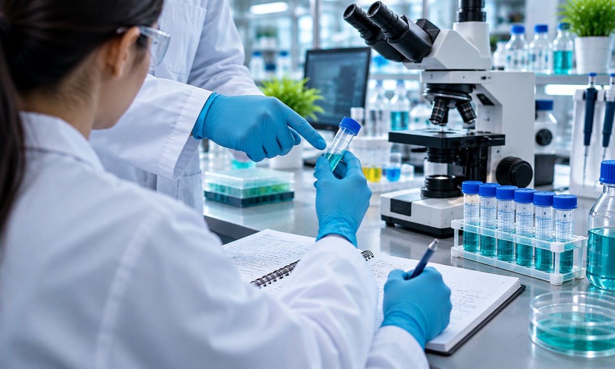 Trainee taking notes beside a microscope during a practical session