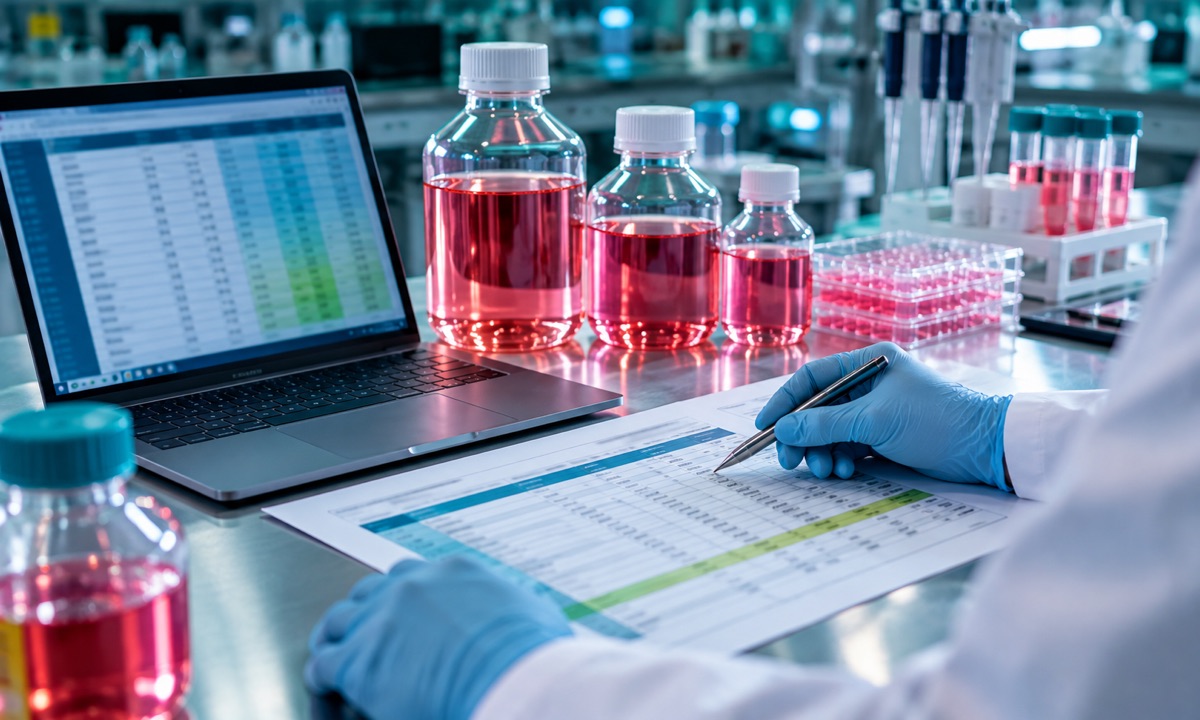Media formulation spreadsheet beside bottles of cell culture medium