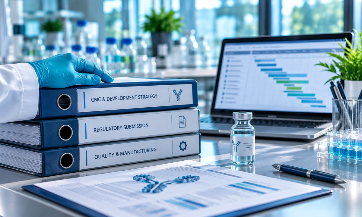 CMC dossier binders, project timeline and a vial of antibody