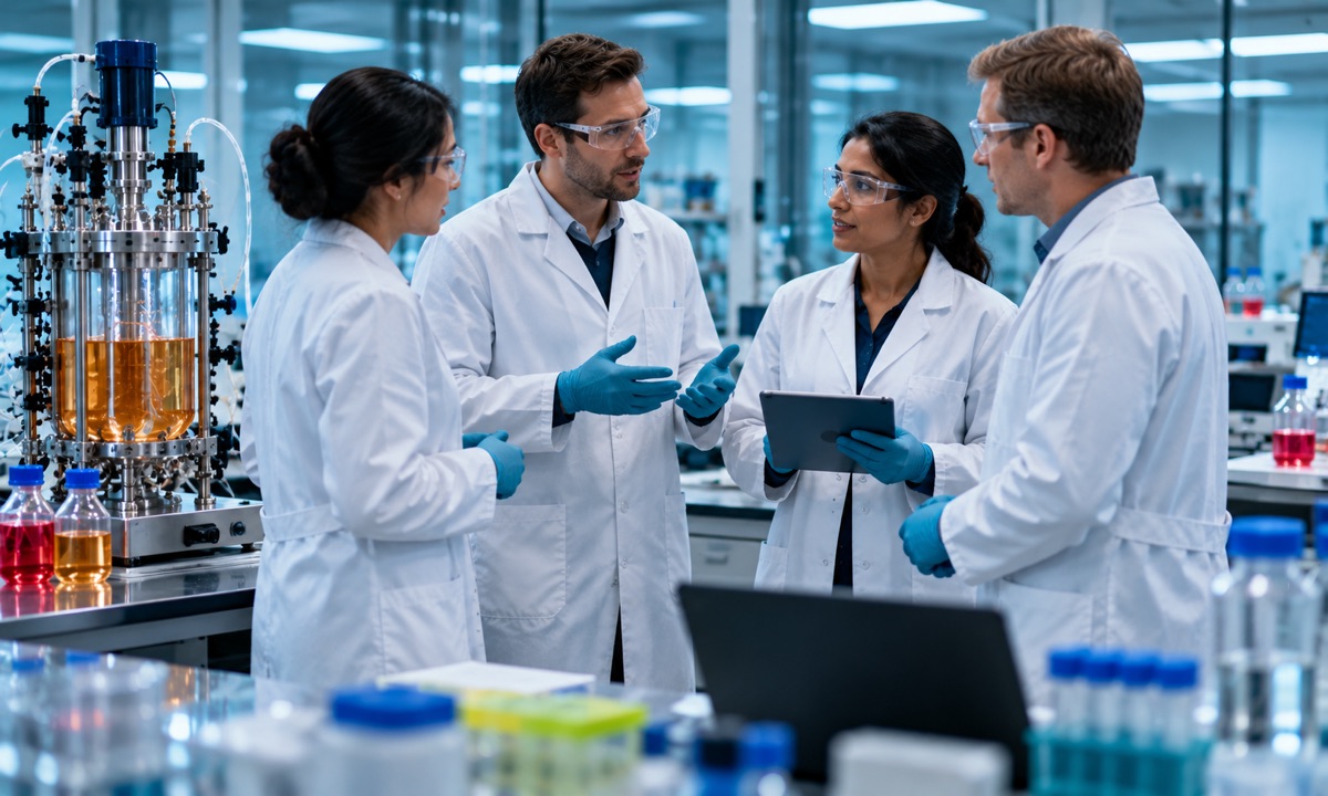Scientists and consultants discussing a programme in a bioprocess laboratory