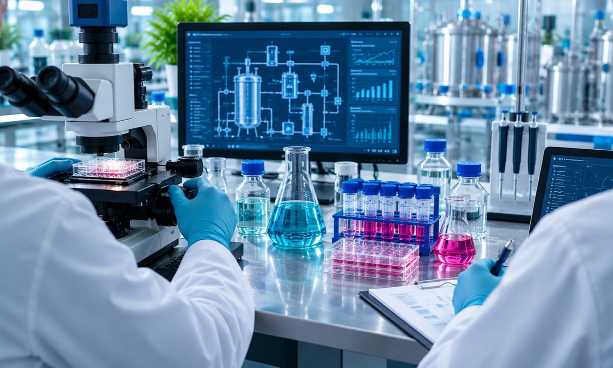 Team working at a lab bench with process diagrams on screen