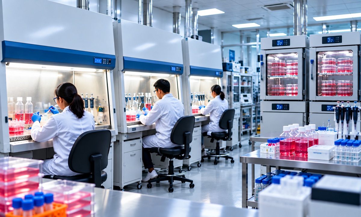 Scientists working at biosafety cabinets in a cell culture laboratory