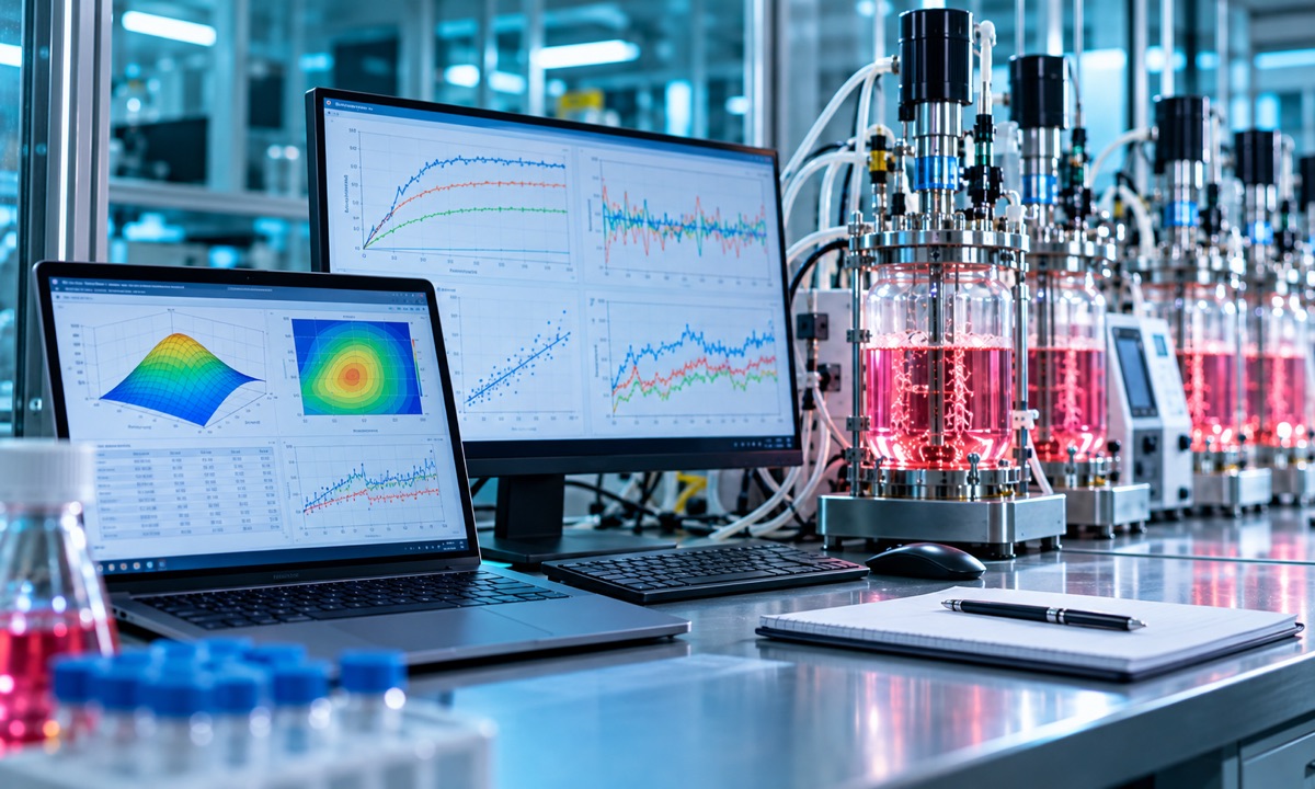 Response-surface and trend charts on screens beside bioreactors