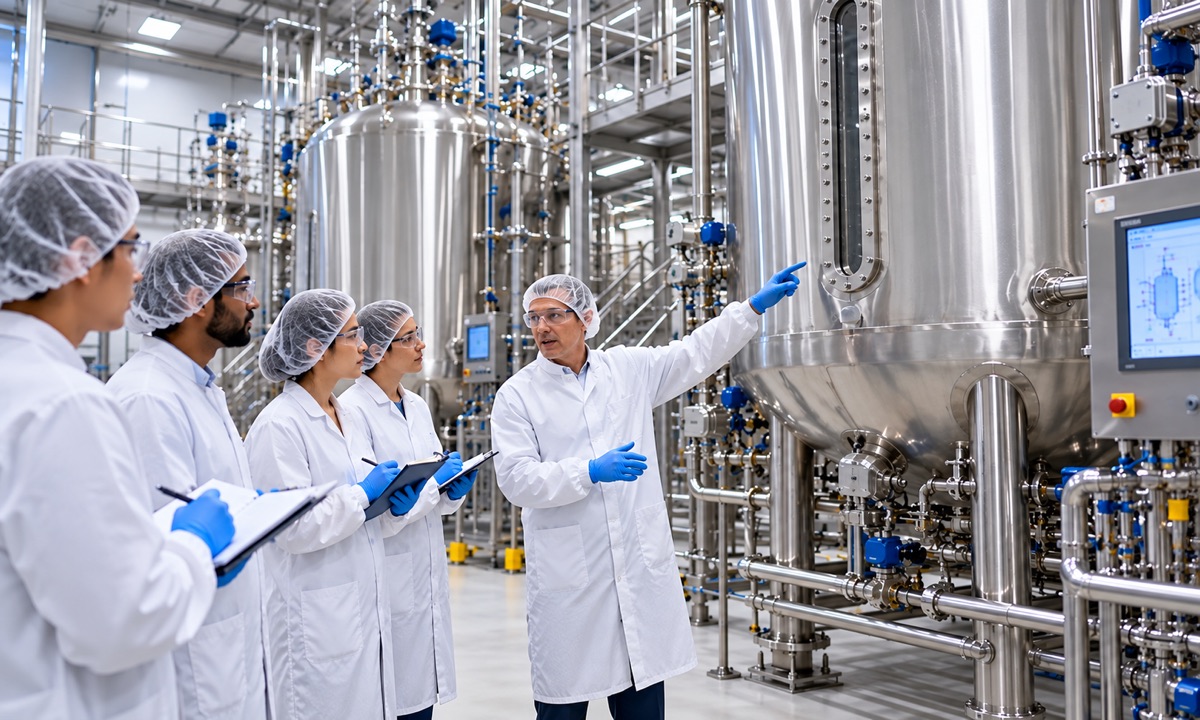 Trainees beside a 20,000 L production bioreactor
