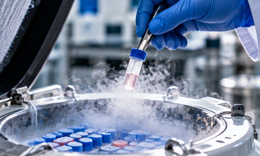 Cryovial taken from a liquid-nitrogen cell bank
