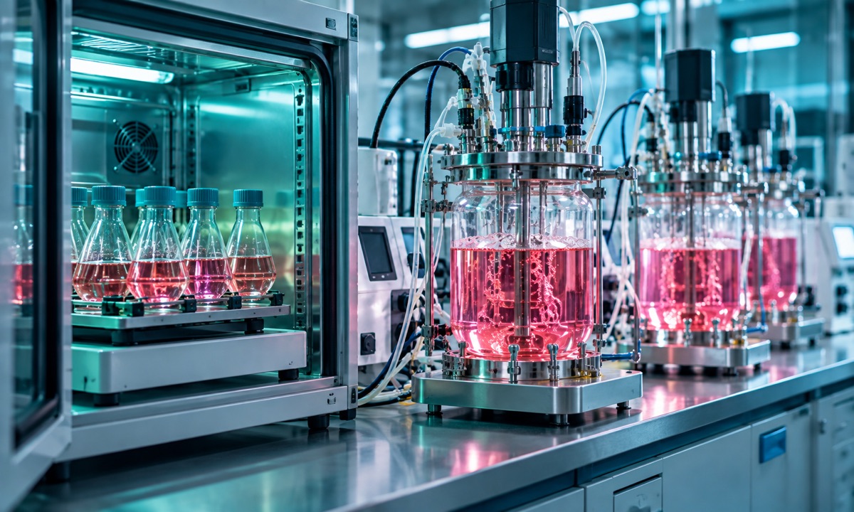 Benchtop bioreactors and shake flasks in an incubator