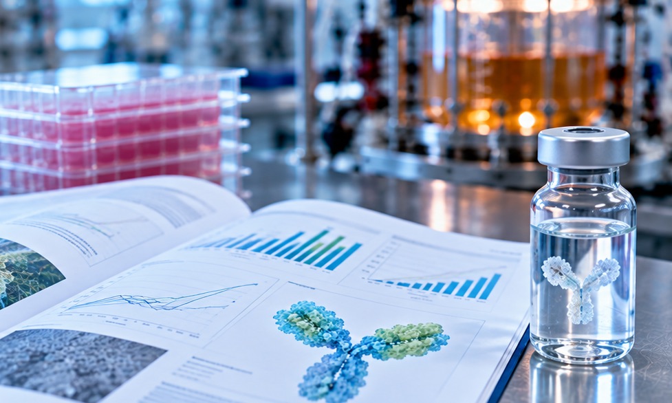 Technical report beside a vial of purified antibody