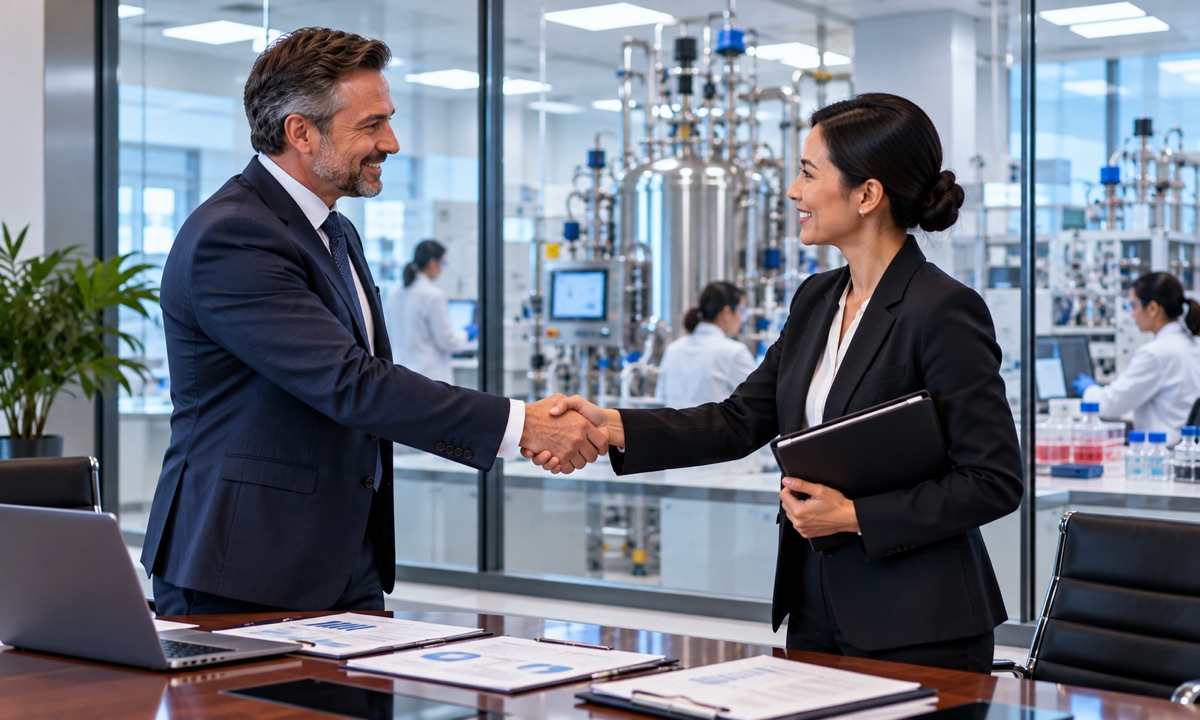 Business partners shaking hands with a bioprocess lab behind